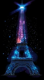Neon lattice illustration of Eiffel Tower on night background.