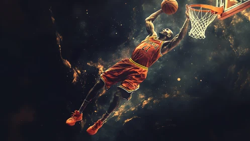 Basketball player dunks toward hoop against cosmic backdrop