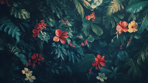 Lush digital jungle with vivid red tropical blossoms.