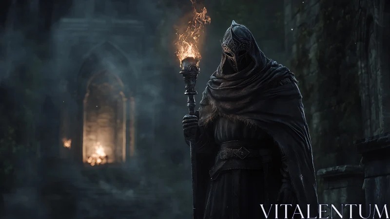 Hooded sentry holds flaming torch before ruined gothic archway