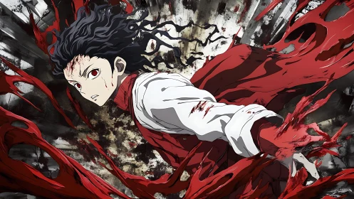 Anime fighter unleashes red energy burst in dynamic motion