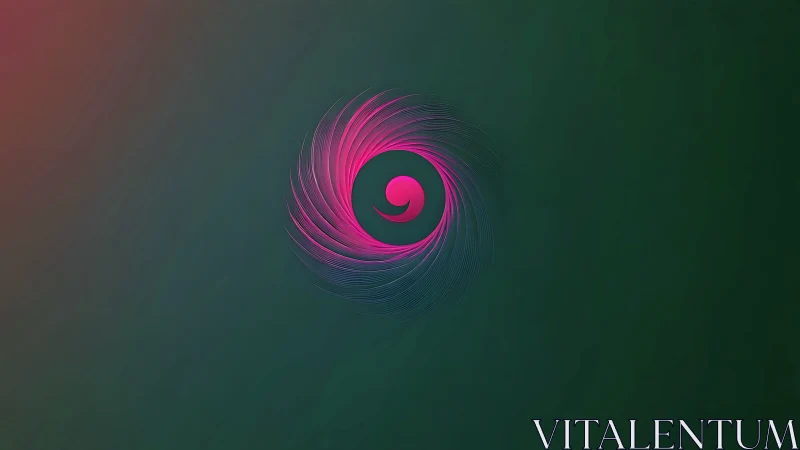 Circular magenta swirl with central abstract shape on green background.
