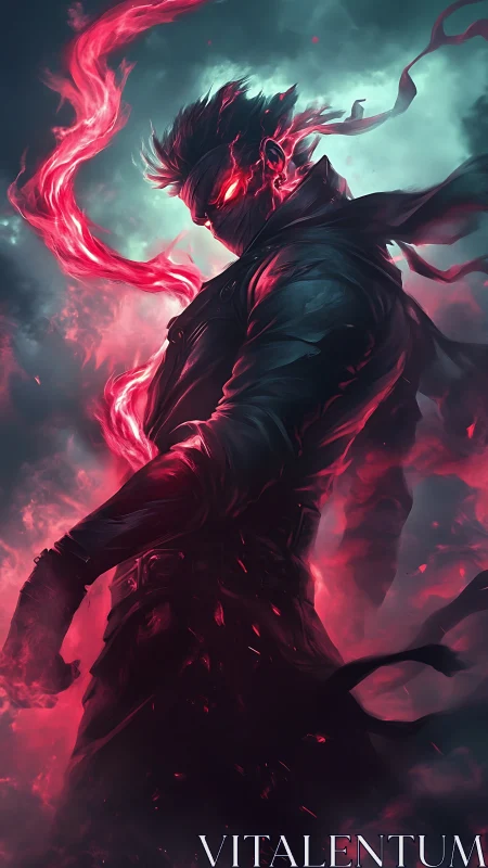 Crimson storm warrior wrapped in glowing ember shadows.