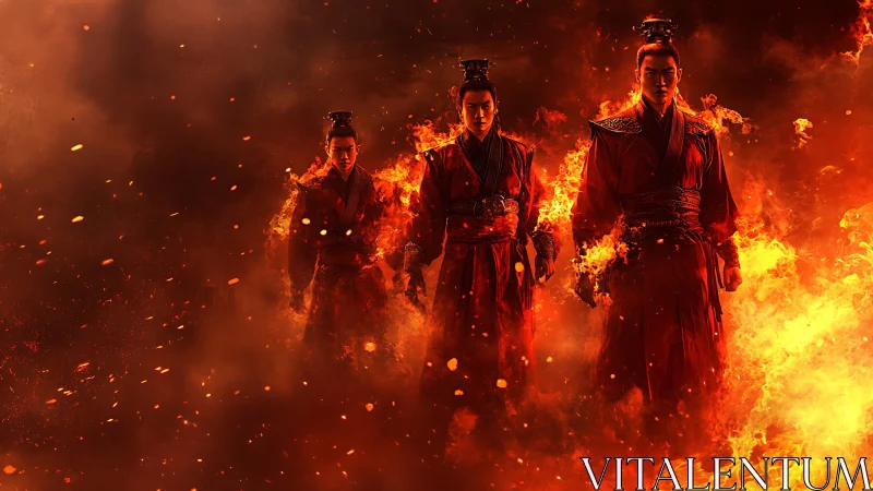 Three Figures in Crimson Robes Surrounded by Inferno.