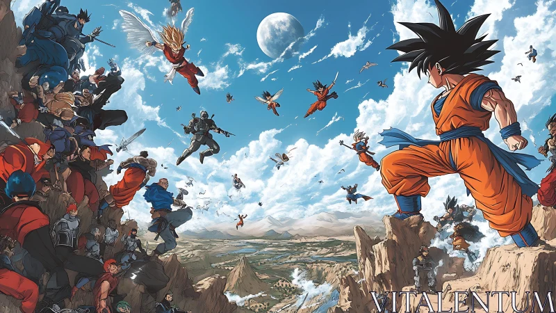 Panoramic anime battle tableau orchestrates aerial confrontation