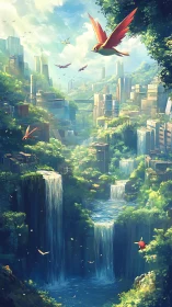 Emerald cascades reclaim a sunlit sky-city of quiet ruins.