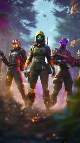 Four masked futuristic soldiers in forest battle stance.
