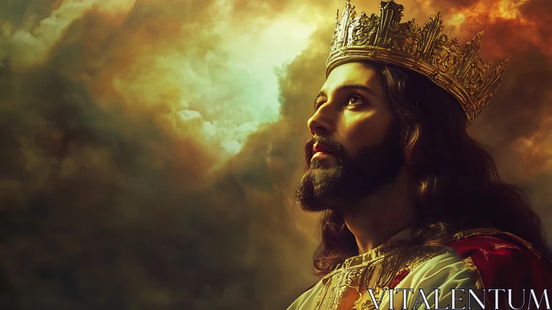 Bearded crowned king in golden light against storm clouds.
