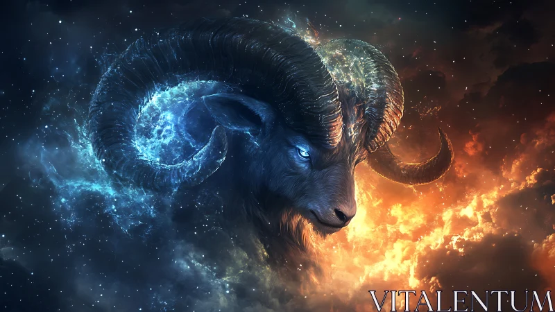 Cosmic ram head dividing blue nebula and orange cloud field.