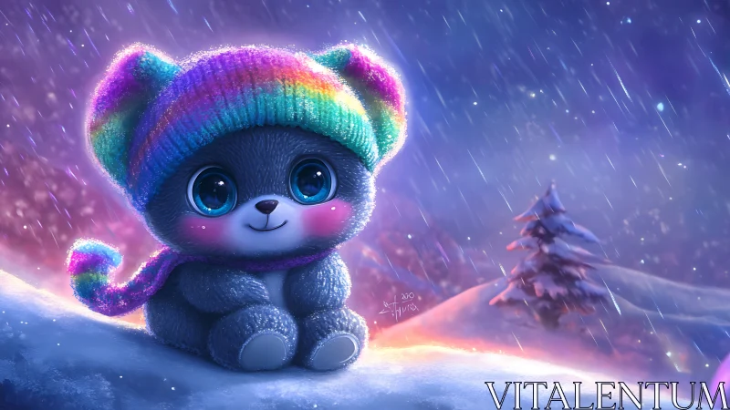 Rainbow knit hat teddy bear in luminous snowy twilight