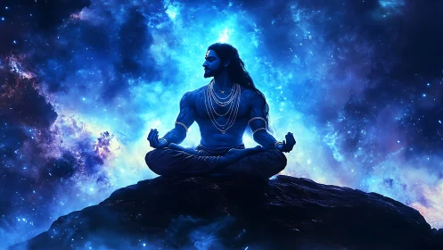 Cosmic blue deity meditates on rocky peak amid nebula glow