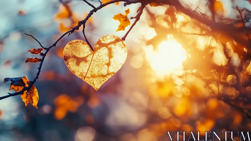 Heart shaped autumn leaf glowing in soft golden sunset.