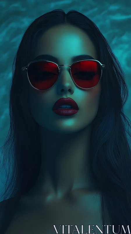 Neon-lit woman with red sunglasses in teal glow portrait.