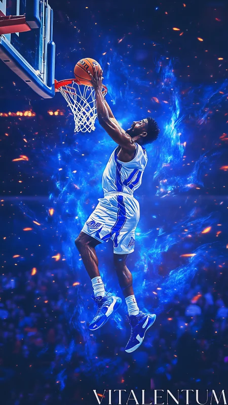 Explosive blue-lit basketball dunk with dynamic energy trails