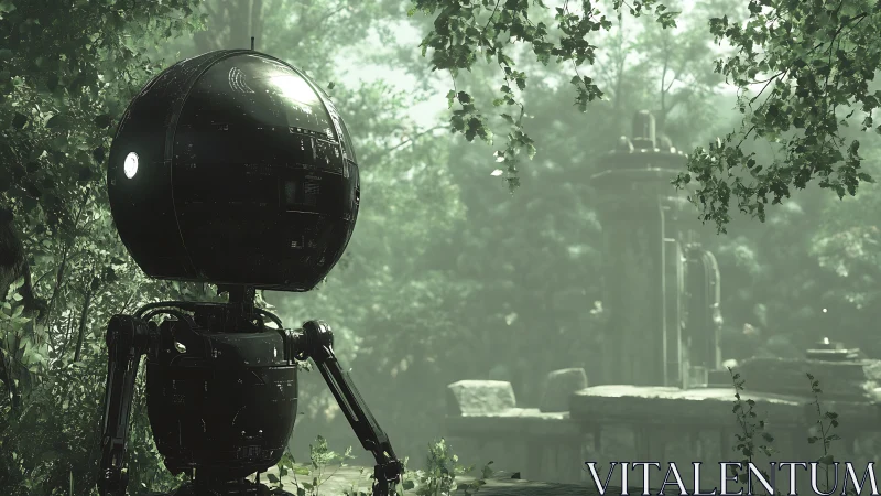 3D spherical reconnaissance robot in misted forest ruins.
