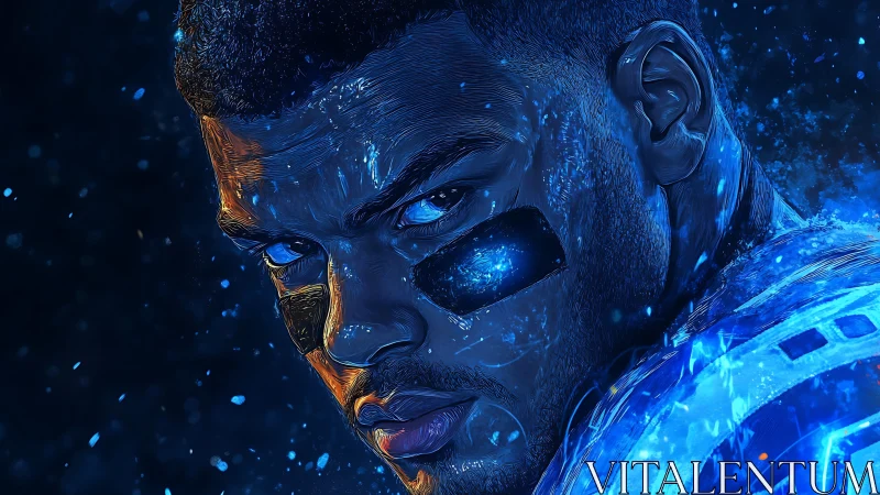 Electric blue digital portrait isolates an intense athlete gaze