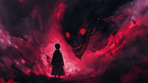 Silhouetted figure observes red-illuminated monstrous entity