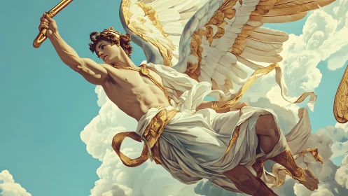 Neoclassical digital angelic hero in dynamic aerial composition.