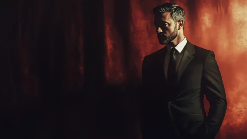 Man in formal suit stands against diffuse red backdrop