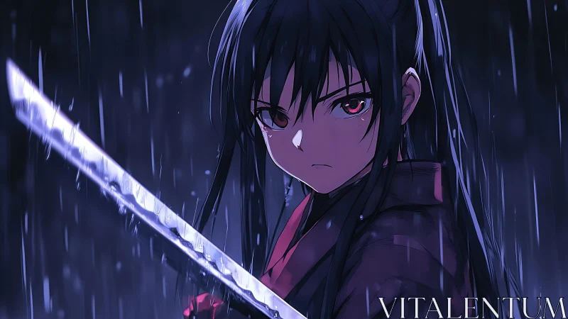 Crimson-eyed swordswoman slices silence in stormlit blue night