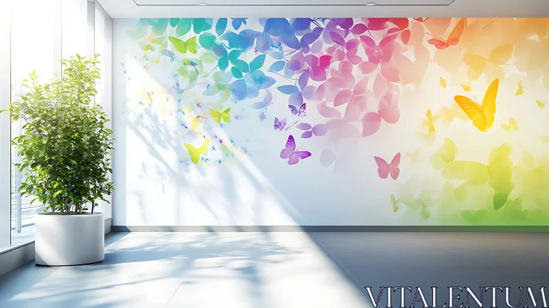 Butterfly gradient mural fills sunlit minimalist lobby wall.