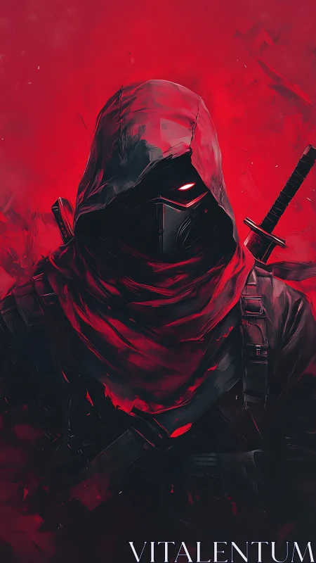 Red-hooded cyber ninja emerges from crimson shadows.
