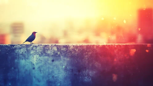 Solitary rooftop bird soaking in a molten city sunrise glow.