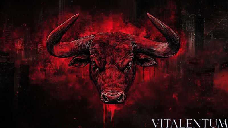 Crimson bull spirit blazing against a stormy city night.