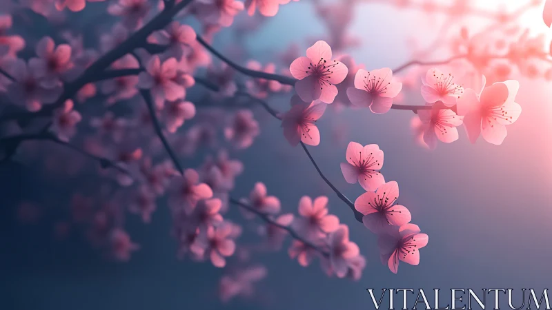 Cherry blossom branches with delicate pink petals illuminated by soft diffused light