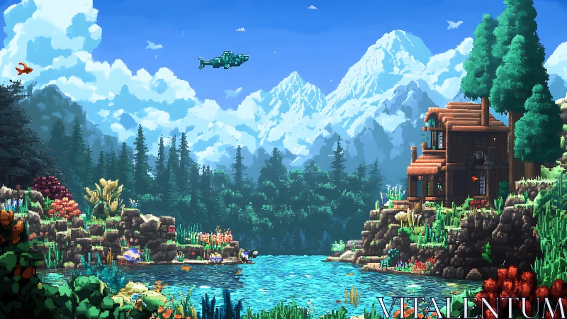 Pixel art mountain lake with cabin and vibrant forest scene.