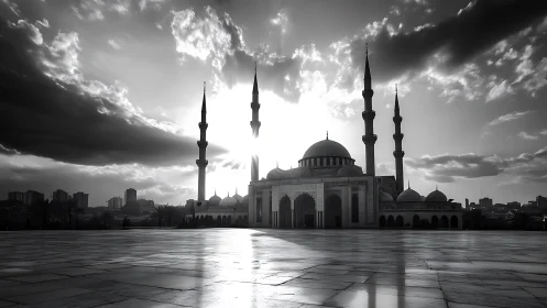 Silhouetted mosque and courtyard under dramatic sky.