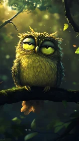 Nocturnal owl with oversized eyes in volumetric forest light.