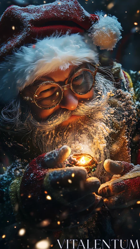 Gentle Santa cradling a tiny winter light in snowy magic.