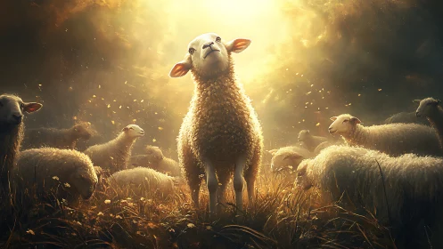 Radiant lamb stands in golden light among grazing flock.