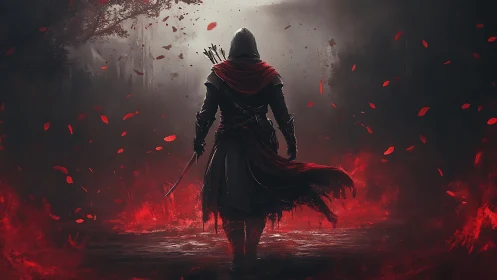 Hooded warrior in red cloak amid burning crimson mist.