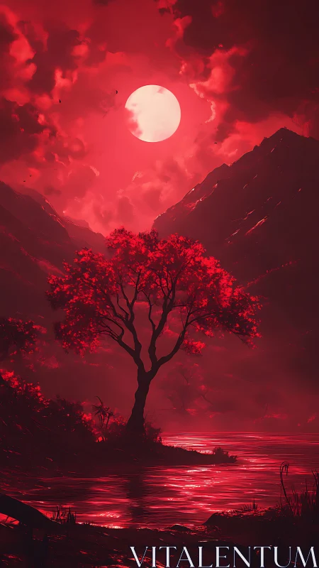 Solitary riverside tree stands under high-contrast red sky