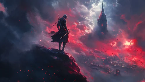 Hooded swordsman overlooks burning city under storm clouds