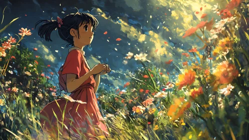 Sunlit petals whirl as a quiet dreamer crosses the meadow