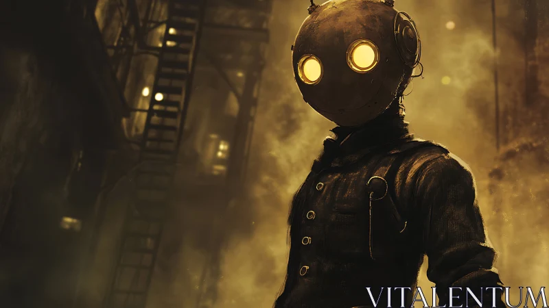 Steampunk android patrols fogged alley under amber haze.