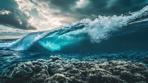 Rolling turquoise wave revealing a hidden coral underworld.
