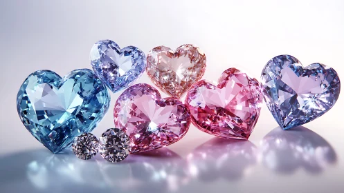 Heart-cut multicolor gemstones with prismatic reflections.