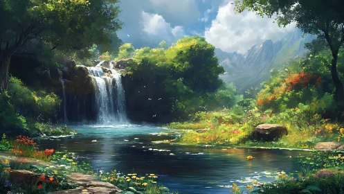 Sunlit forest waterfall beside tranquil mountain pool.