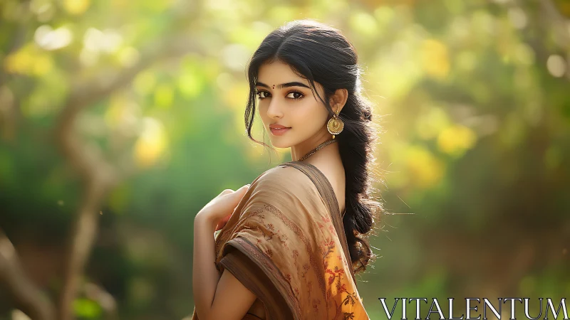 Elegant woman in traditional saree with soft sunlight, portrait style.