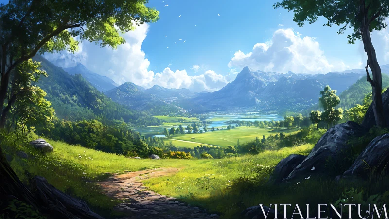 Mountain valley landscape with path, trees, and open fields.