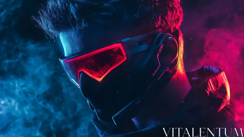 Profile view shows masked figure wearing visor in colored fog