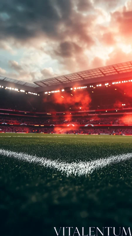 Floodlit football corner glows under dramatic sunset sky