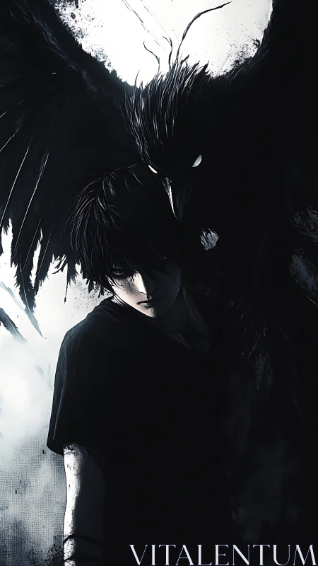 Dark winged creature looming behind solemn anime boy.