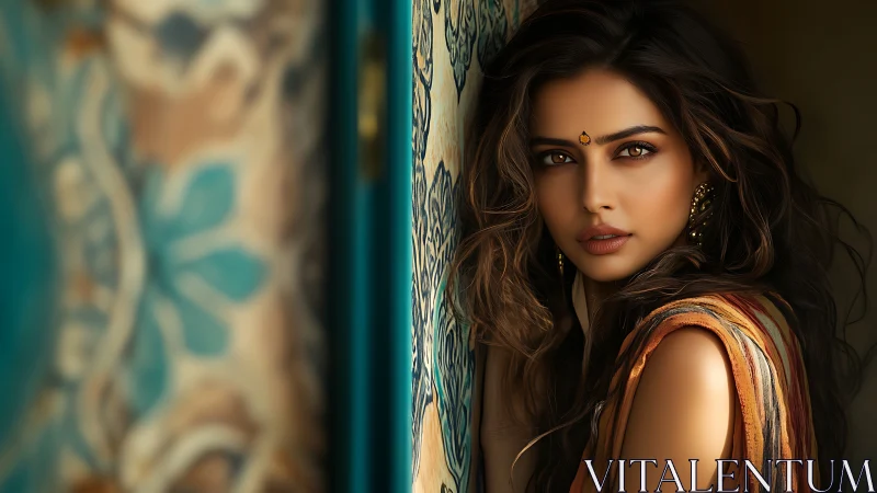 Woman in traditional attire by ornate teal patterned wall.