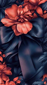 Digital Blooms: Red Coral Flowers Against Deep Navy Foliage.