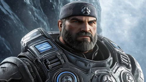 Armored space soldier scans frozen battlefield horizon.